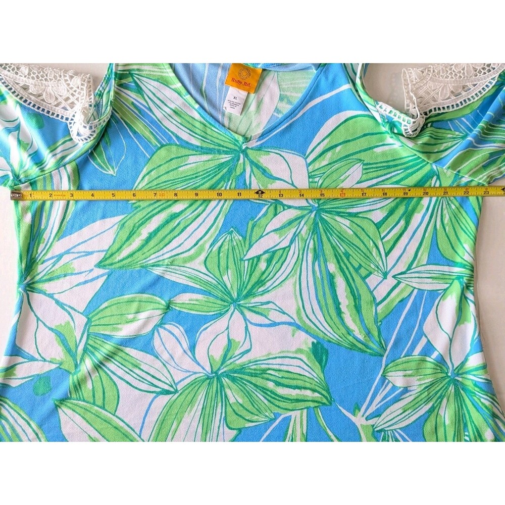 Ruby Rd Womens XL Sleeveless Blue Tropical Leaf Print Blouse Keyhole Crochet - Picture 7 of 16